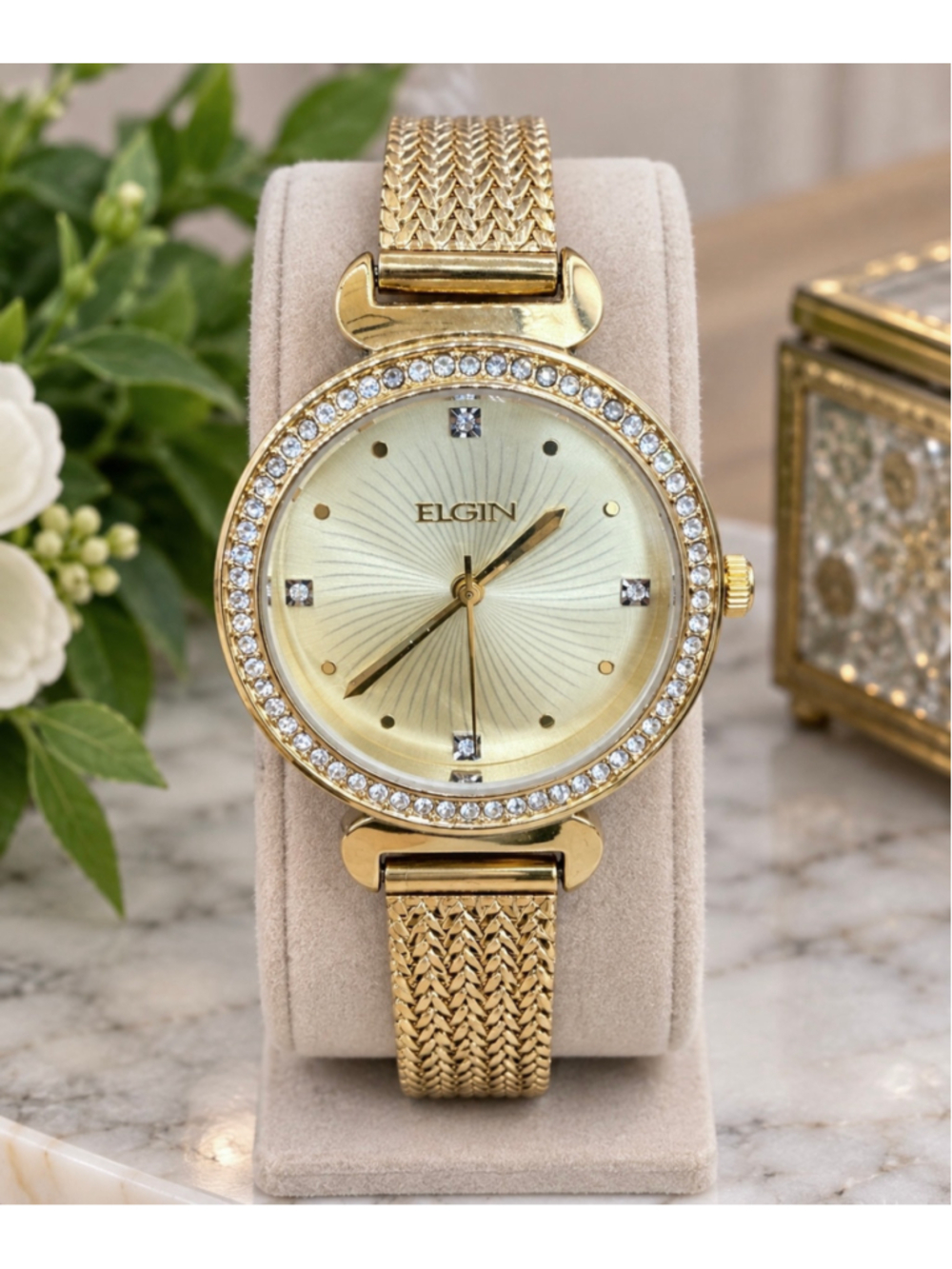 Elgin Women's Gold Tone Crystal Bezel Mesh Band Analog Watch